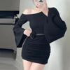 Atuendo Atmosférico Estilo Coreano al por Mayor Transfronterizo con Temperamento de Nicho, Vestido Bodycon Ajustado con Hombros Descubiertos y Mangas de Campana para Mujer