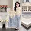 2026 Verão Irregular Floral Manga Curta Médio-Grande Infantil Estilo Coreano Fashionável Casual Xadrez Calça Longa Individual Conjunto de Duas Peças