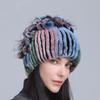 Gorro de Lana Grueso de Invierno Nuevo para Mujer Estilo Europeo y Americano, Gorro de Piel de Conejo Rex, Gorro de Punto con Cinturón Lateral y Flor