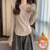 Camiseta Feminina de Veludo com Fios, Ombro, Ajuste Slim, Manga Longa, Outono e Inverno, Retrô, Espinha de Peixe, Cintura Justa, Europeia, Camiseta Básica, Top