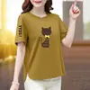 Comércio Exterior Transfronteiriço Comércio Exterior Mãe de Meia-Idade Camiseta de Manga Curta para Mulheres Verão Estampa de Letras Solta Emagrecedora Casual Top