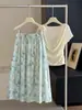 Falda Floral Verde Estilo Jardín de Monet para Mujer, Moda de Verano, Cintura Alta Elástica, Falda de Paraguas Floral de Longitud Media A-Line Adelgazante