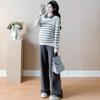 Conjunto de Ropa de Maternidad Otoño 2025 Moda Primavera Otoño Solapa Rayas Tops para Mujeres Embarazadas + Pantalones de Pierna Ancha Conjunto de Dos Piezas para Maternidad