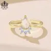 Anillo Corona de Piedra Lunar Lágrima Natural Original Aifule Material de Cobre Anillo Abierto Ajustable de Moda para Mujeres