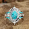 Huajie Venda Quente Transfronteiriça Nova Moda Europeia e Americana Retrô Diamante Turquesa Azul Conjunto de Três Peças Anel Outlet de Fábrica