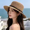 Sombrero de Paja Transpirable de Ala Plana con Calados Estilo Hepburn para Mujer, Sombrero de Paja para Vacaciones en la Playa de Verano