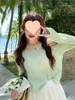 Ropa de Playa para Vacaciones, Estilo Delgado, Nueva Prenda Exterior de Verano para Mujer, Cubre-Traje Ligeramente Transparente con Protección Solar, Camiseta de Manga Larga, Top de Cuello Redondo