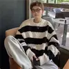 Suéter Masculino Solto Outono e Inverno Estilo Preguiçoso Tricô Listrado Cardigan Quente Tendência Cor de Marca Bloco de Cores Gola Redonda Camada Base