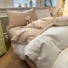 Conjunto de Quatro Peças em Algodão Puro Tingido em Fio Lavado Estilo Japonês Cobertor de Edredom Xadrez Lençol de Elástico Lençol de Cama Conjunto de Três Peças para Cama de Dormitório