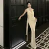 Vestido de tiras cruzadas en la espalda con nudo retorcido, cuello halter tipo swing y aplicaciones de encaje, con cinta para el cuello, Vestido para brindis de cumpleaños