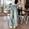 Calça Jeans Reta Solta Estilo Novo Americano Feminina para Verão Cintura Alta Design Lavado Comprimento Total Perna Larga