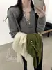 26 Otoño Nuevo Estilo Suéter de Punto Manga Larga Casual Adelgazante con Parches de Encaje Cuello en V Medio Botón Estilo Coreano para Mujer