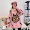 Estilo coreano outono e inverno Novo suéter feminino folgado estilo preguiçoso combinação de cores gato de desenho animado jacquard gola redonda suéter feminino
