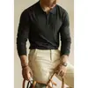 Suéter Tricot Gola Lapela Meio Zíper Mistura de Seda Mulberry e Lã Estilo Old Money Masculino Primavera 2026 Camiseta Casual Manga Longa