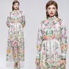 Vestido largo de manga larga con estampado de estilo francés de nicho de alta gama transfronterizo con cuello alto de un solo botón, vestido de comercio exterior con cinturón y falda amplia para mujer
