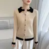 Cardigan de Caxemira com Gola Polo Color-Blocking Outono e Inverno Suéter de Malha com Gola Reversível Feminino Jaqueta Versátil Top Base