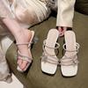 Pantuflas de Tacón Grueso Estilo Francés para Mujer, Tacones Altos con Pedrería de Moda para Exteriores de Verano, Par Nuevo de Moda 2024 con Sandalias de Vestir