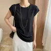 2026 Nova Camiseta de Verão Gola Redonda Cor Sólida Manga Curta Tecido de Lã Tencel Top Feminino Camiseta de Liocel Feminino