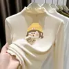 Camada Base de Pelúcia para Meninas Outono Inverno Camiseta de Manga Longa Menina Bebê Super Fofa Roupa Íntima Top com Gola Meia-Alta Franzida