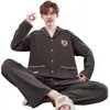 Conjunto de Pijama de Algodón Puro para Otoño e Invierno Primavera y Otoño Cuello de Solapa Manga Larga Pantalón Largo Corte Holgado Tallas Grandes Conjunto Cómodo para Estar en Casa