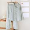 Pijama de Gasa de Algodón para Mujer, Primavera y Otoño, Delgado, Transpirable, Absorbente de Sudor, Cuello Camisero, Patrón de Cuadros Pequeños, Conjunto Sencillo de Manga Larga para Casa, Se Puede Usar Afuera