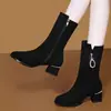 Botas de Moda de Piel Suave con Tacón Grueso de Gamuza Estilo Nuevo Botines Cortos Negras de Media Caña Botas Elegantes de Tacón Alto Botas Martin Botas de Madre
