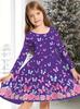 Vestido de gola redonda 2024 primavera novas meninas moda coreana elegante manga longa borboleta impressão GE01