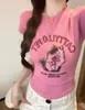 Novedad de Verano Estilo Americano Corte Delgado Moda Jacquard Bloque de Color Cuello Redondo Manga Corta Top de Punto Rosa para Mujer Tendencia