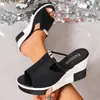Sandalias Gruesas de Suela para Mujer Talla Grande 2026 Verano Nuevo Estilo Plataforma Tacón Alto Color Sólido Cuña Cómodas Slip-On Sandalias Venta al por Mayor