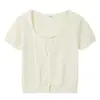 Enviado Blusa de Tricô Manga Curta Cor Lisa Decote Quadrado Renda Patchwork Estilo Novo Primavera e Verão 2025 Cinza Cânhamo com Laço