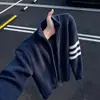 Suéter Cárdigan de Punto de Tres Barras Americano para Hombre Otoño Corte Limpio Sensación de Alta Gama Estilo Perezoso Chaqueta Abrigo con Cremallera