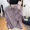 Camisa Retro de Color Sólido de Algodón y Lino para Mujer, Nuevo Estilo Primavera y Otoño, Adorno de Encaje, Manga Larga, Corte Holgado, Camisa Básica