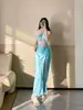 Traje de Banho Feminino Novo Estilo 2026, Saia Longa Sexy Vazada Europeia e Americana, Peça Única, Poliéster de Alta Qualidade, Tom Aquarela 9219