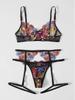 Fornecimento transfronteiriço Europa e Estados Unidos comércio exterior lingerie sexy mulheres sexy bordado impressão perspectiva oca cueca cueca três peças conjunto