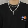 Collar de Estilo Cool Trendy para Hombres y Mujeres Estilo Japonés y Coreano Estilo ins Cadena de Cuello Hip-Hop Distintivo Colgante de Cruz con Incrustaciones de Diamantes Perla Trendy