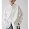 Camisa branca casual de gola redonda e gola alta para mulheres, primavera e outono, toque de alta qualidade, corte solto, camisa 100% algodão, top sem gola único e super estiloso