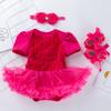 Transfronterizo Recién Nacido 0-2 Años Bebé Niña Verano Manga Corta Vestido de Flor Rosa Compuesta y Zapatos Conjunto de Tres Piezas