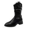 Botas Black Knight Botines Versátiles para Mujer 2025 Media Pantorrilla Tacón Bloque Estilo Western Plisadas Adelgazantes Nuevo Retro Ajustadas