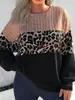 Nova Chegada de Outono: Comércio Transfronteiriço Roupas Femininas Europeias e Americanas - Moletom Casual Longo com Gola Redonda Texturizado de Listras Verticais e Estampa de Leopardo