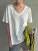 Linho Verão Novo Estilo Coreano Renda Costurada Decote V Manga Curta Feminino 2026 Solto Emagrecedor Básico Camiseta Top Ins