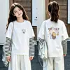 Camiseta de manga larga de algodón puro para niñas, con estampado de dibujos animados lindos y rayas, top básico de otoño para niñas, adecuado para tallas medianas y grandes
