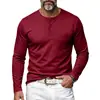 Camiseta Básica Masculina Henley de Manga Longa, Bolso Frontal com Meio Botão, Top Casual Multicor, 2026