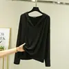 Camiseta com capuz e decote V de algodão modal plus size para outono, manga longa, corte solto, cor sólida, pulôver fino