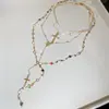 Colar Multicamadas com Cruz de Strass Colorido Design Retrô Boêmio Corrente de Clavícula Corrente de Suéter Versátil da Moda