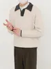 Suéter de cuello polo acanalado, con bloques de color y estilo vintage para hombre, ajuste casual y relajado, suéter de punto suelto para otoño e invierno