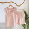 Pijama Curto de Gaze de Algodão Puro com Manga Curta para Mulheres, Doce Laço de Renda Conjunto de Roupa de Casa Fina de Algodão para Verão