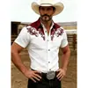 Nova camisa masculina estilo ocidental transfronteiriça europeia e americana, top casual de manga curta com gola de lapela e estampa 3D retrô de verão