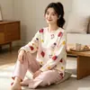 Pijama de Oso de Fresa para Mujer, Traje de Pantalón Largo de Manga Larga de Algodón Imitación para Primavera y Otoño, Estilo Japonés Dulce y Lindo, Ropa de Casa para Estudiantes
