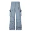 Calça Longa Masculina Feminina Outono Novo Estilo Marca Tendência Casual Workwear Bolso com Zíper High Street Americana Plissada Funcional Solta Reta