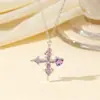 Collar con cruz de corazón morado estilo oscuro, deslumbrantemente brillante, exquisito, moderno, de alto valor estético, cadena versátil para la clavícula